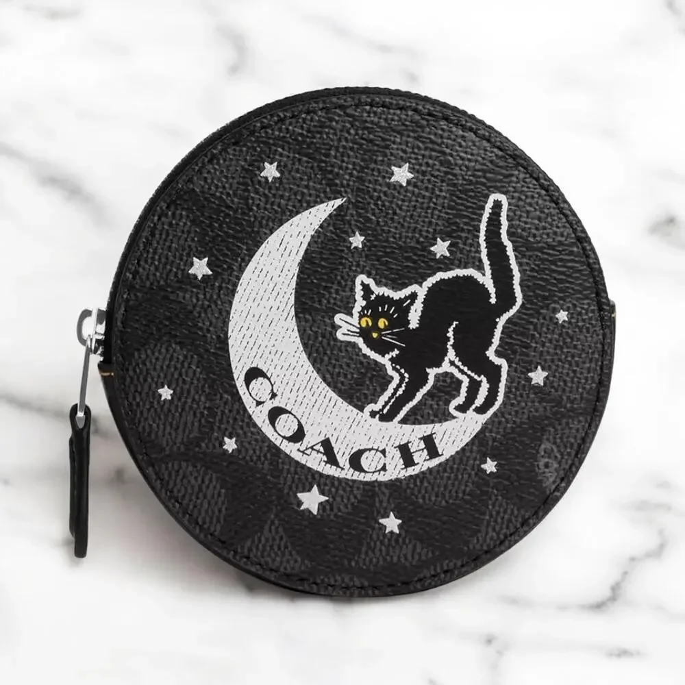 Coach Coin Case In Signature Canvas With Halloween Black Cat CX348